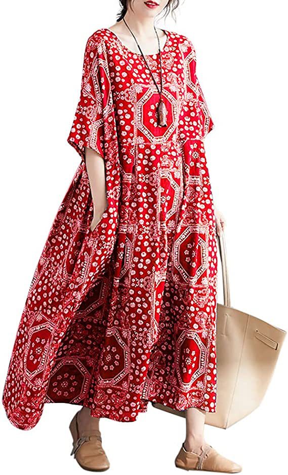Zllk Cross-Border Women's Clothing Artistic Retro Cotton and Linen plus Size Dress Loose plus-Sized Large Swing Short Sleeve Printed Lightweight Dress