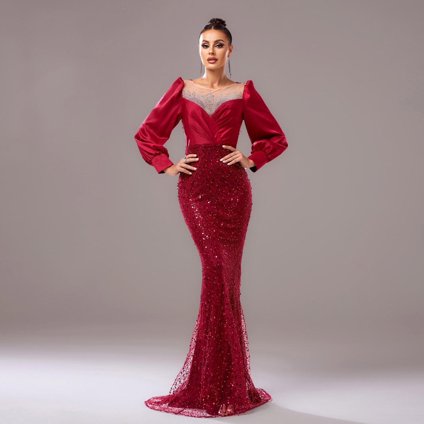 r 2025 new temperament long-sleeved crew neck banquet hip-wrapped hot diamond sequins evening dress bridesmaid dress women