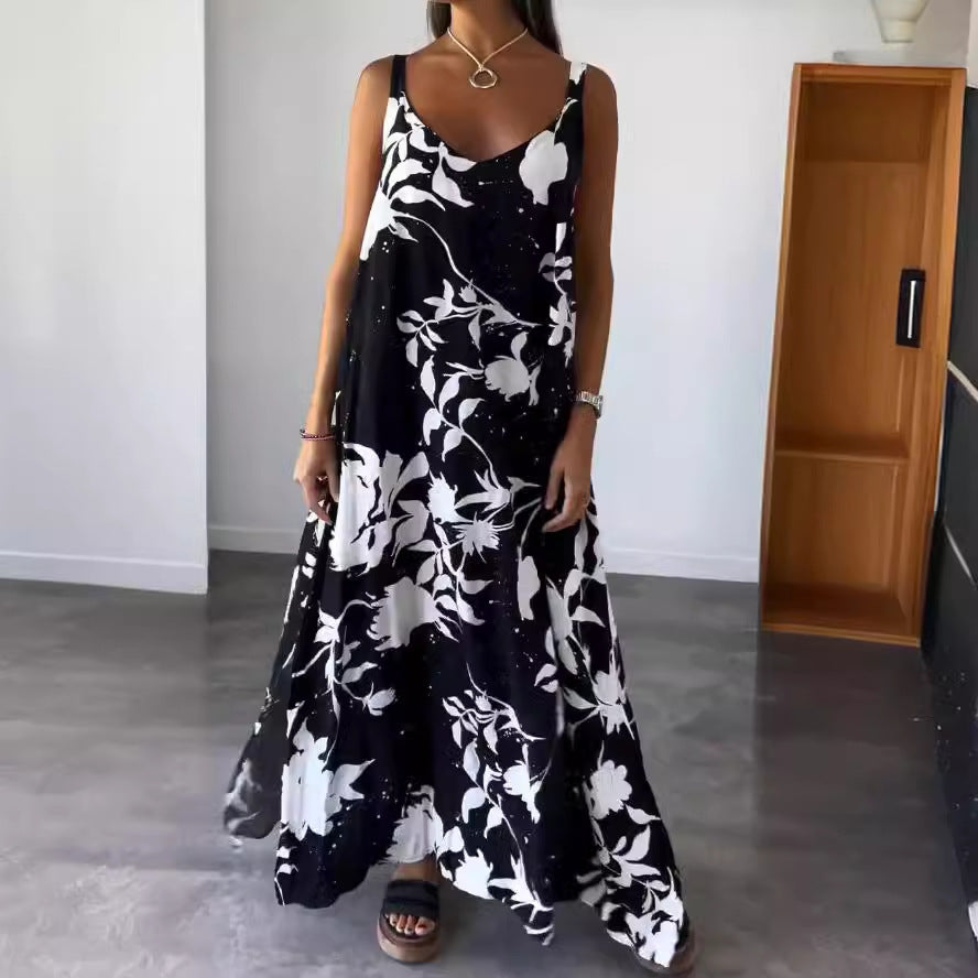 Zllk Summer Cross-Border European and American Women's Clothing New Vacation Dress Printed Strap Backless V-neck Dress