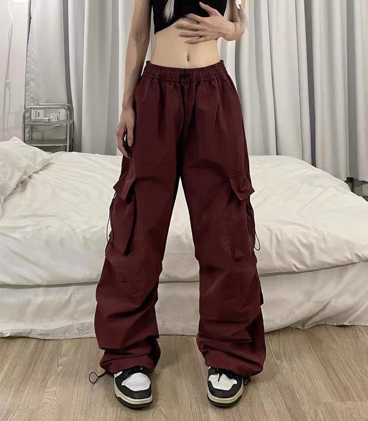 ZllKl Nylon Quick-Drying Overalls Women's Summer New American Parachute Pants High Waist Wide Leg Leisure Drawstring Sports Pants