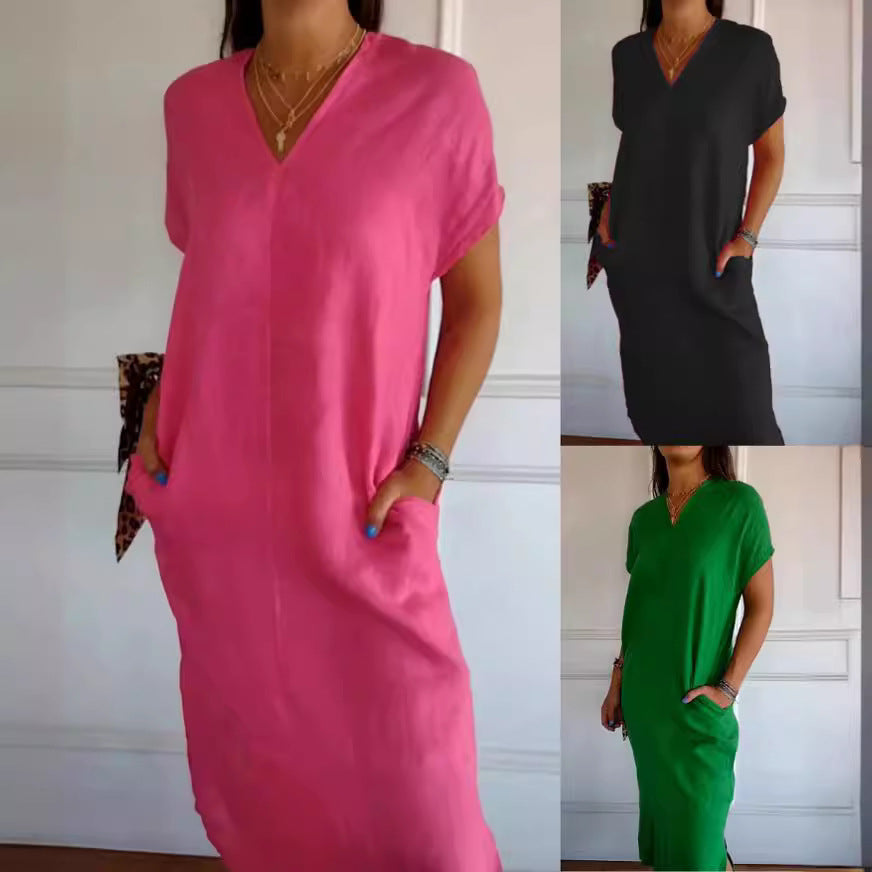 ZllKl Spring and Summer Cross-Border Independent Station New Cotton and Linen V-neck Short Sleeve Slit Loose Dress Women's Clothing