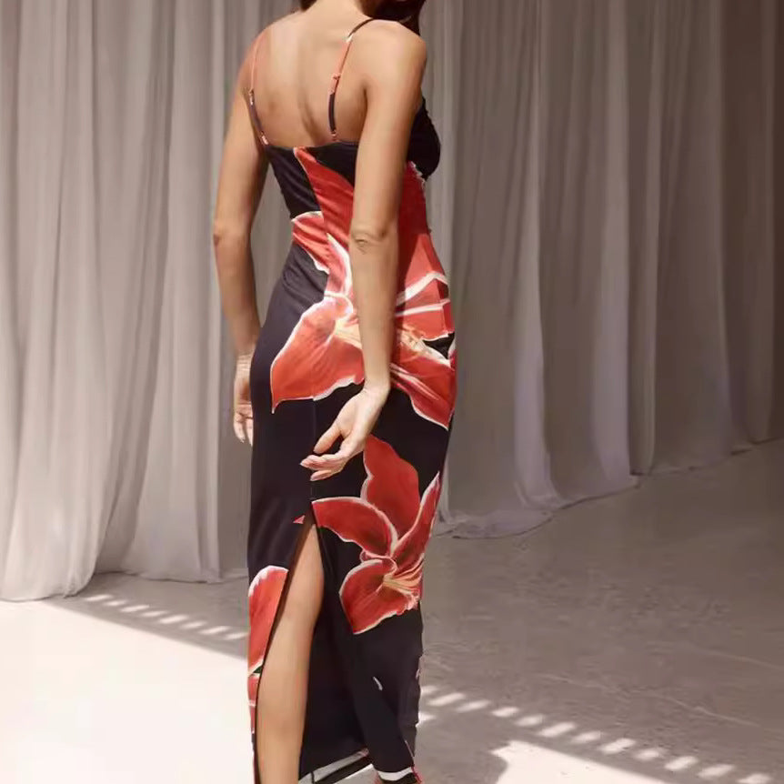 European and American Summer 2025 New Slim Fit Sexy Slit Hip Skirt Flower Print Dacron Camisole Dress