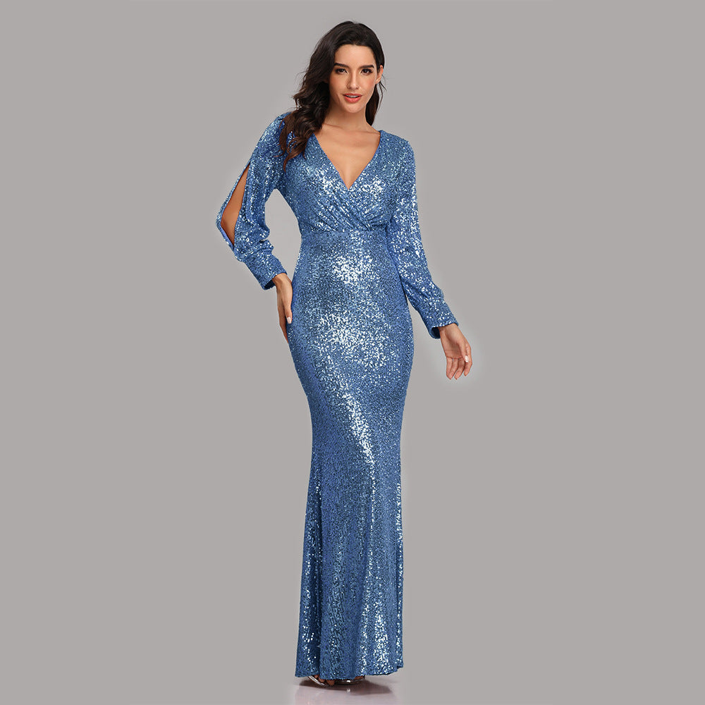 2025 24 New Popular trade dress multi-color large-size long-sleeved V-neck slim-fitting sequined fishtail evening dress women's ball party