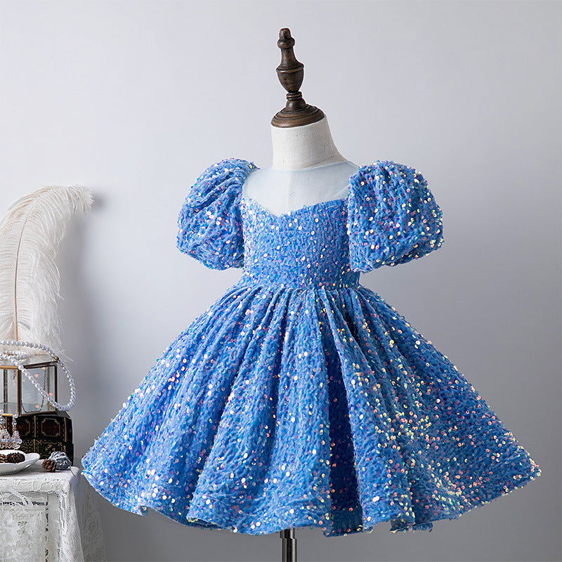 ZllKl Blue Sequined Children's Dress Girl Princess Dress Birthday Full-Year Baby Girl Catwalk Host Piano Performance Wear