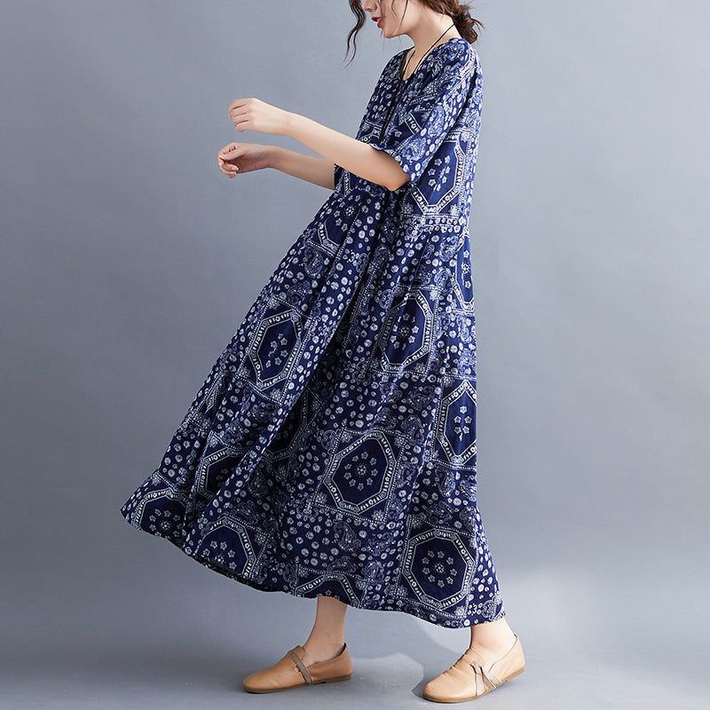 Zllk Cross-Border Women's Clothing Artistic Retro Cotton and Linen plus Size Dress Loose plus-Sized Large Swing Short Sleeve Printed Lightweight Dress