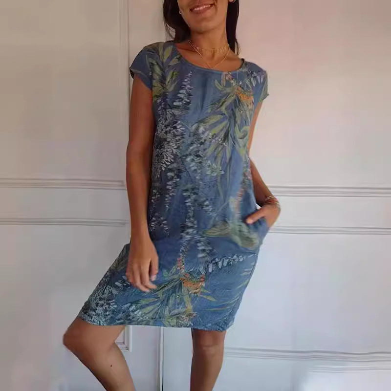 ZllKl Wish Independent Station Women's round Neck Loose Short Sleeves Printed Dress Women's Pocket Skirt