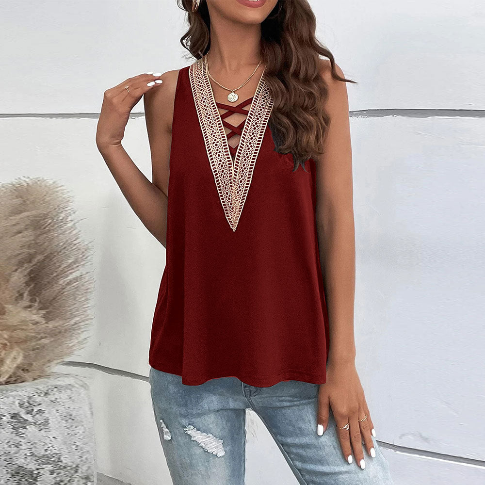 popular spring and summer New women's clothing sexy hollow V-neck sleeveless casual vest loose solid color top TOP
