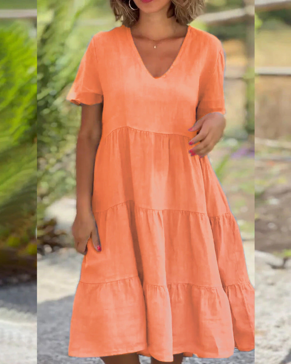ZllKl European American Summer New Women's Clothing Fresh Sweet V-neck Solid Color Wide Hem Casual Skirt Dress