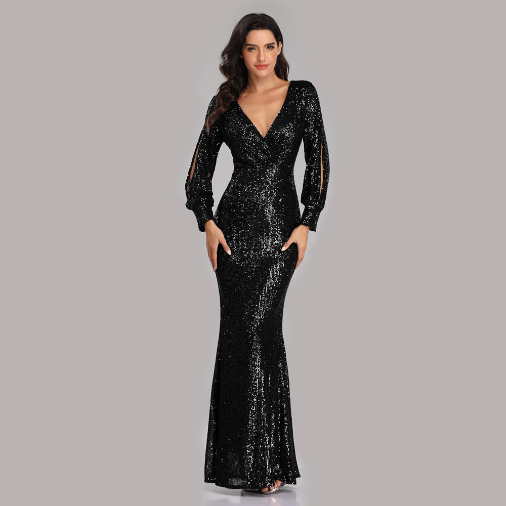 2025 24 New Popular trade dress multi-color large-size long-sleeved V-neck slim-fitting sequined fishtail evening dress women's ball party