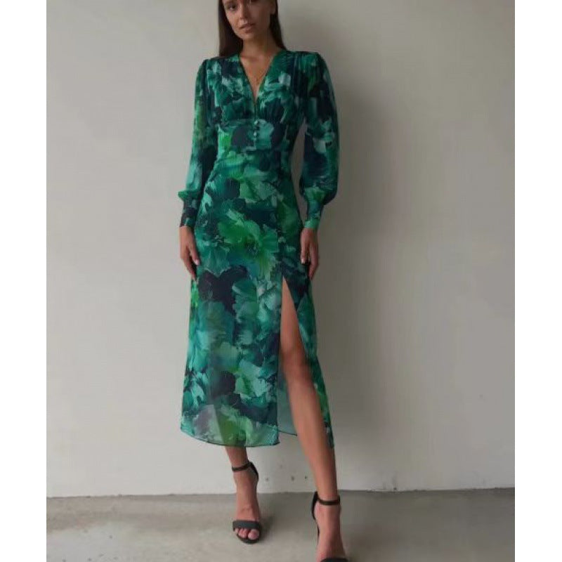 ZllKl Cross-Border Spring and Summer New Women's Clothing Dress V-neck REDLEAF Printed Foreign Trade Dress Large Swing Skirt