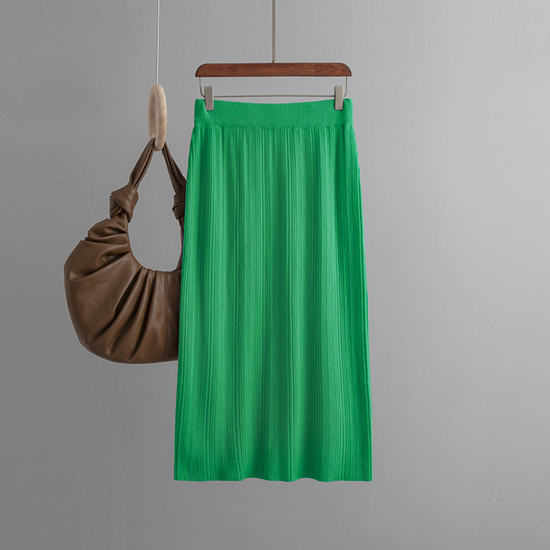 ZllKl Rear split knitted pit strip skirt solid color elastic waist elastic hip wrap temperament thin wool skirt autumn new
