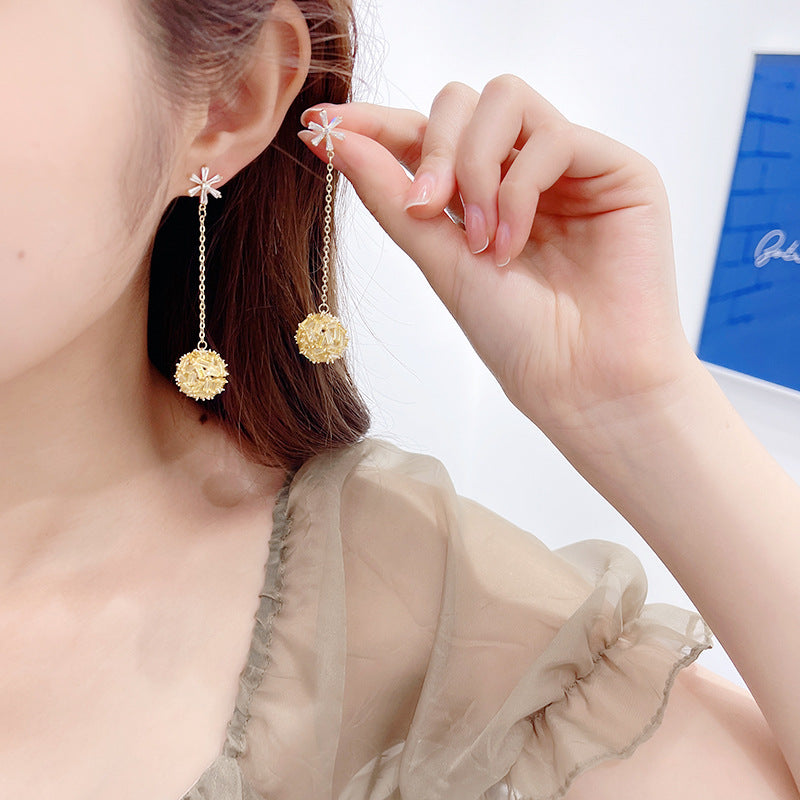 2025 Korean color zircon snowflake long temperament earrings personalized super fairy earrings S925 silver needle hollow ball earrings