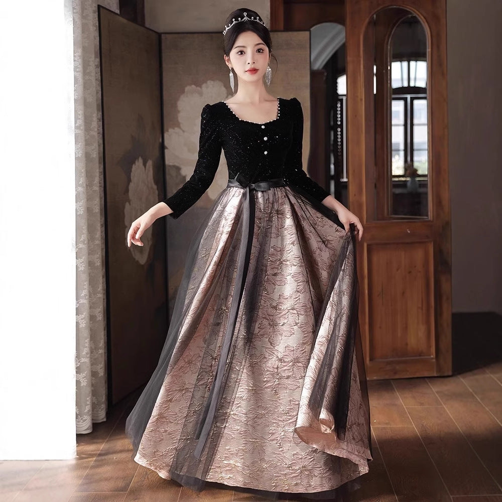 2025 Black evening dress women's 2025 new long-sleeved student art examination banquet temperament host dress spring and autumn style