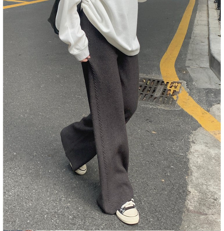 ZllKl Women's Twist-Covering Knitted Wide-Leg Pants Autumn and Winter High Waist Drooping Wool Mop Pants Lengthened Outer Wear Casual Straight Pants