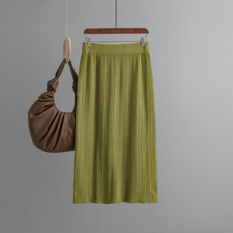 ZllKl Rear split knitted pit strip skirt solid color elastic waist elastic hip wrap temperament thin wool skirt autumn new