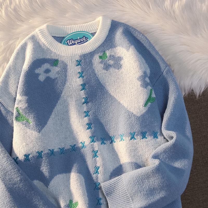 Hong Kong style Japanese vintage love sweater women's autumn and winter loose Korean outer wear gentle wind couple knitted sweater jacket