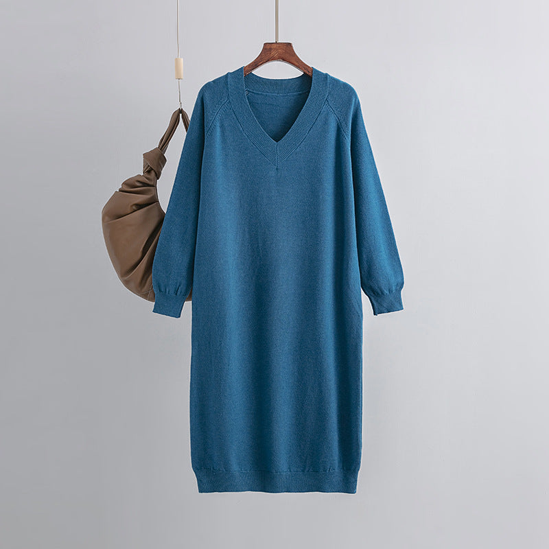 ZllKl V-neck large-size knitted dress for thin women in autumn and winter, casual and loose to cover their stomachs