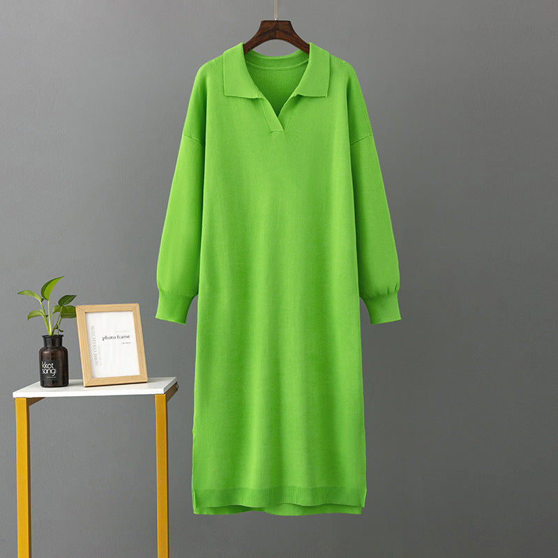 ZllKl 23 autumn and winter new 2025 Polo collar bottoming knitted long dress loose large size solid color women's dress