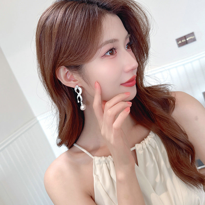2025 High sense versatile fashion earrings women's simple temperament long zircon geometric pearl earrings s925 silver needle accessories