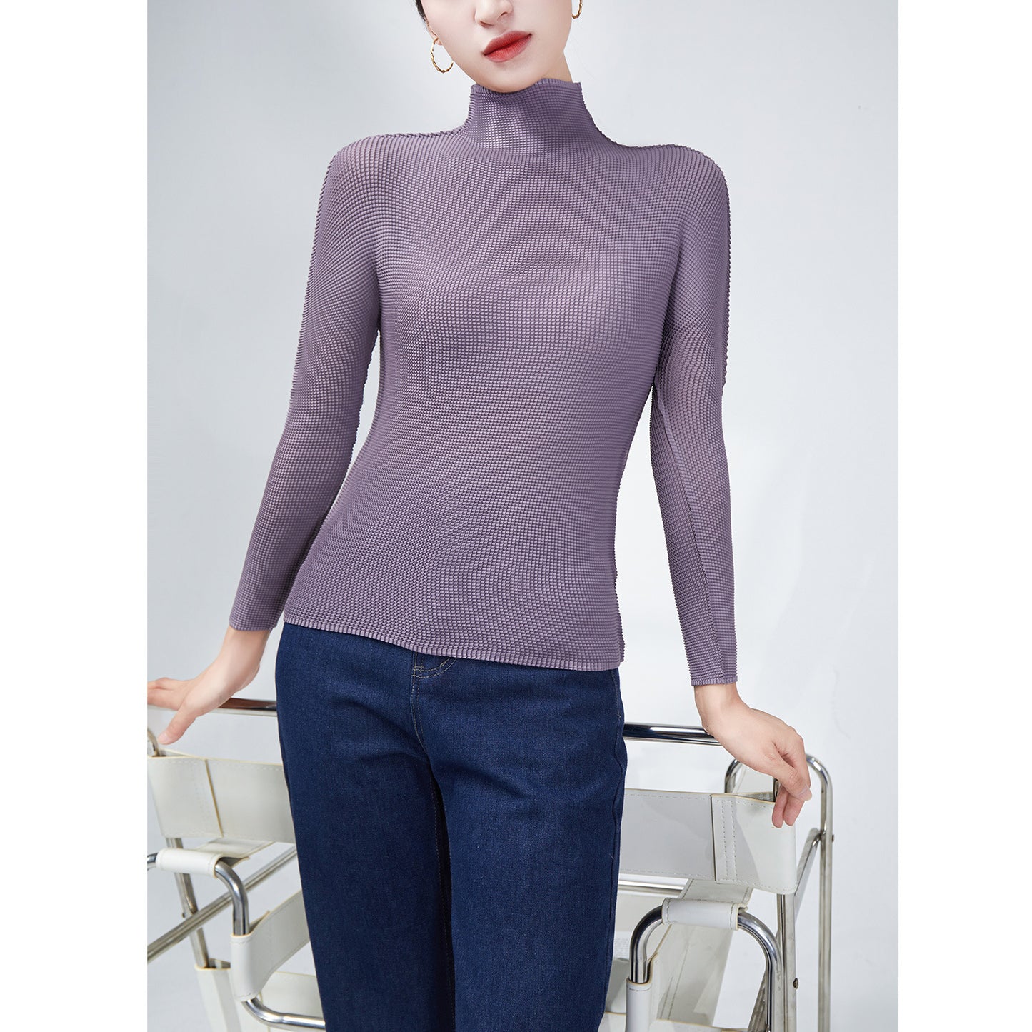 2025 Miyake basic spring and autumn bottoming shirt women's temperament turtleneck solid color slim fit simple versatile pleated long-sleeved top