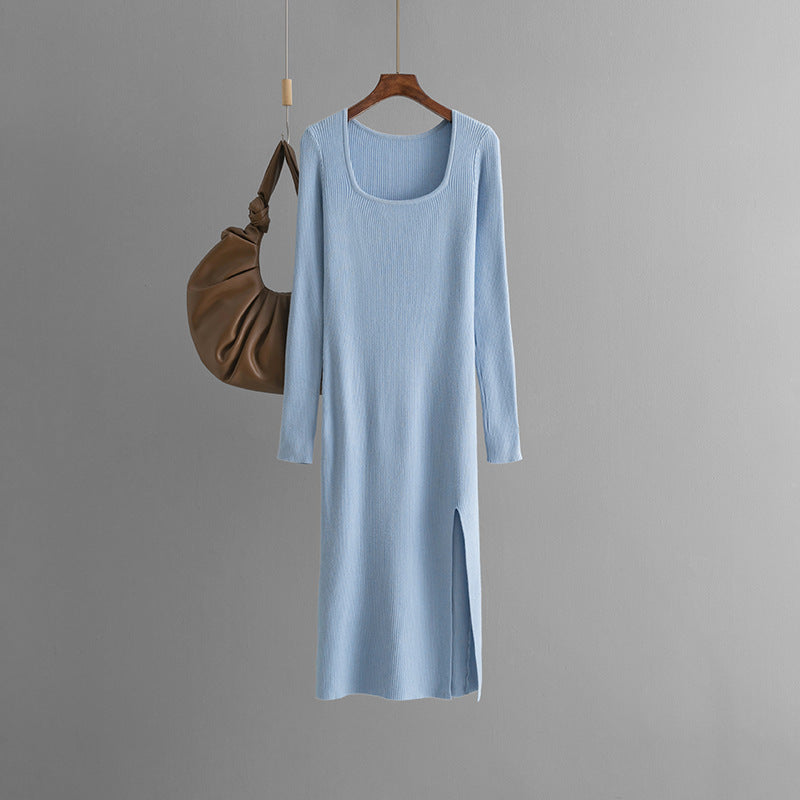 ZllKl New new autumn and winter solid color dress women's long dress slim temperament thin knitted backing sweater skirt