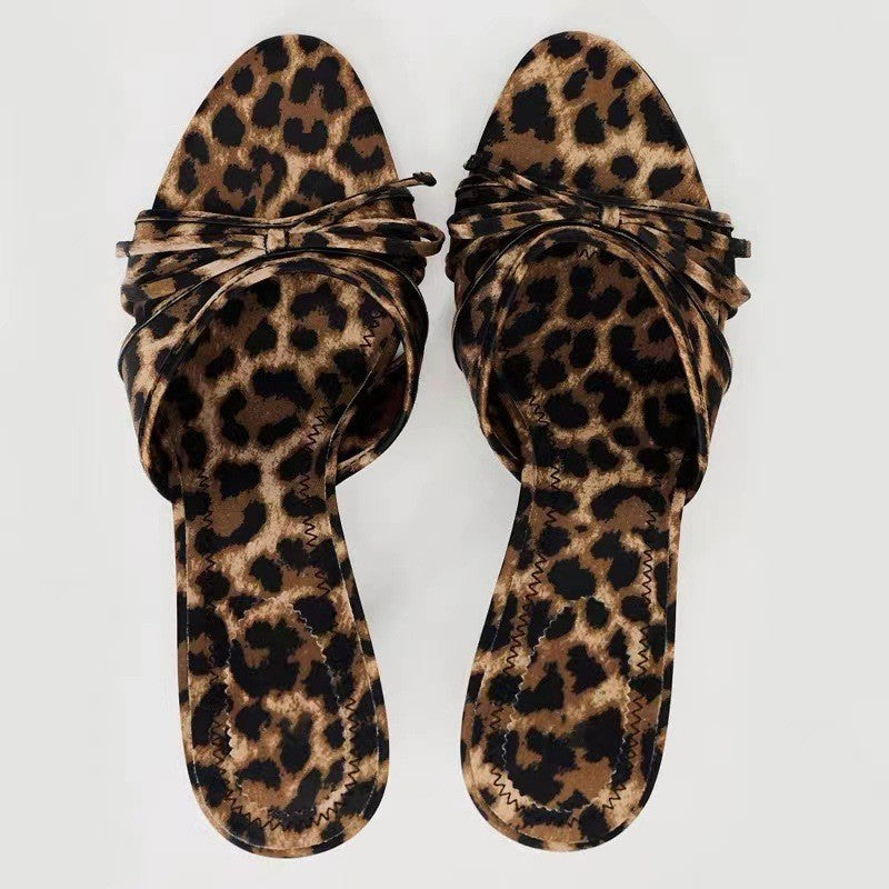 ZllKl New Women's Shoes Bow Leopard Print High Heel Sandals Pointed Stiletto Mesh High Heel Sandals Women's Shoes Summer