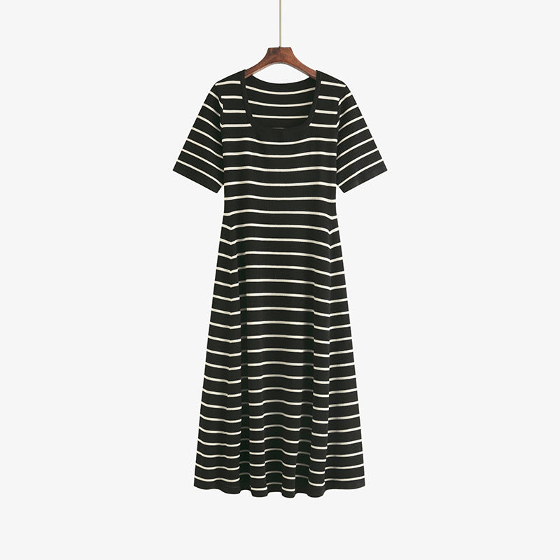 ZllKl 100.00kg plus Size Women's Clothing Square Collar Short Sleeve T-shirt Skirt Summer Plump Girls Slimming Stripes Knitted Dress 22301