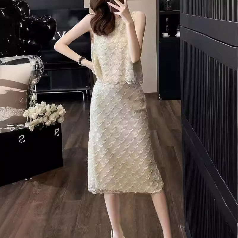 2025 popular Summer New Light Luxury Celebrity Lace Embroidery Crew Neck Sleeveless Top Women's Skirt Two-piece Set