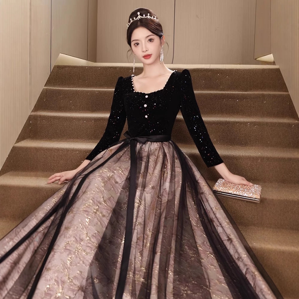 2025 Black evening dress women's 2025 new long-sleeved student art examination banquet temperament host dress spring and autumn style