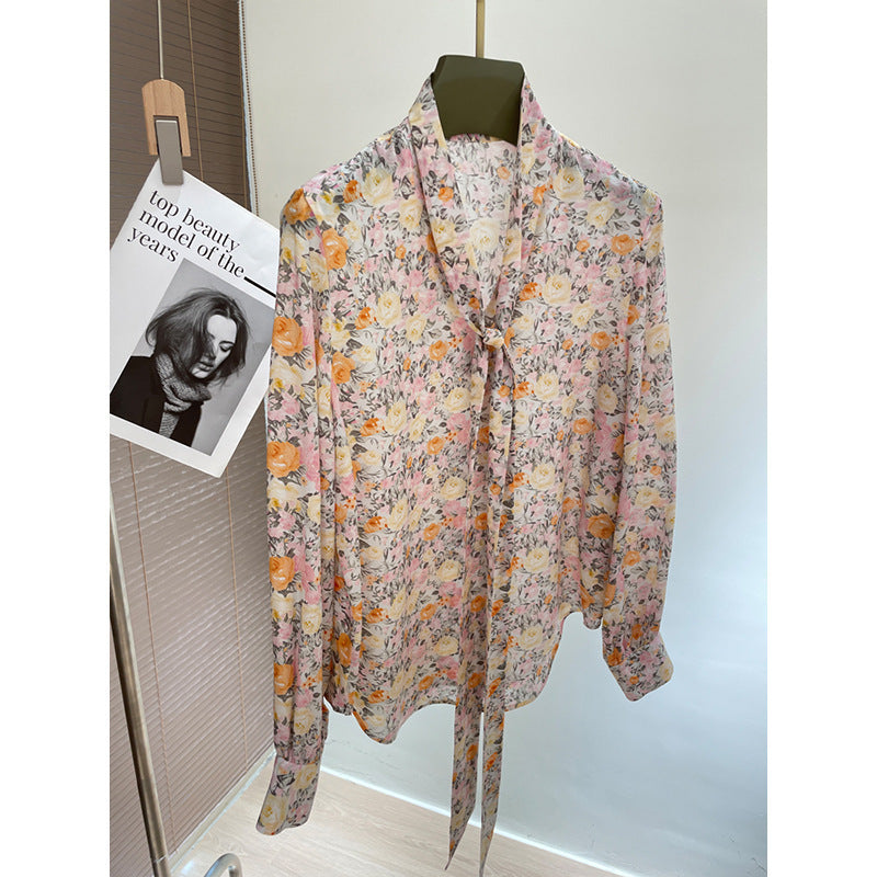 Silk lace-up shirt women's spring and summer popular new mulberry silk slim-fit top with loose long-sleeved shirt inside