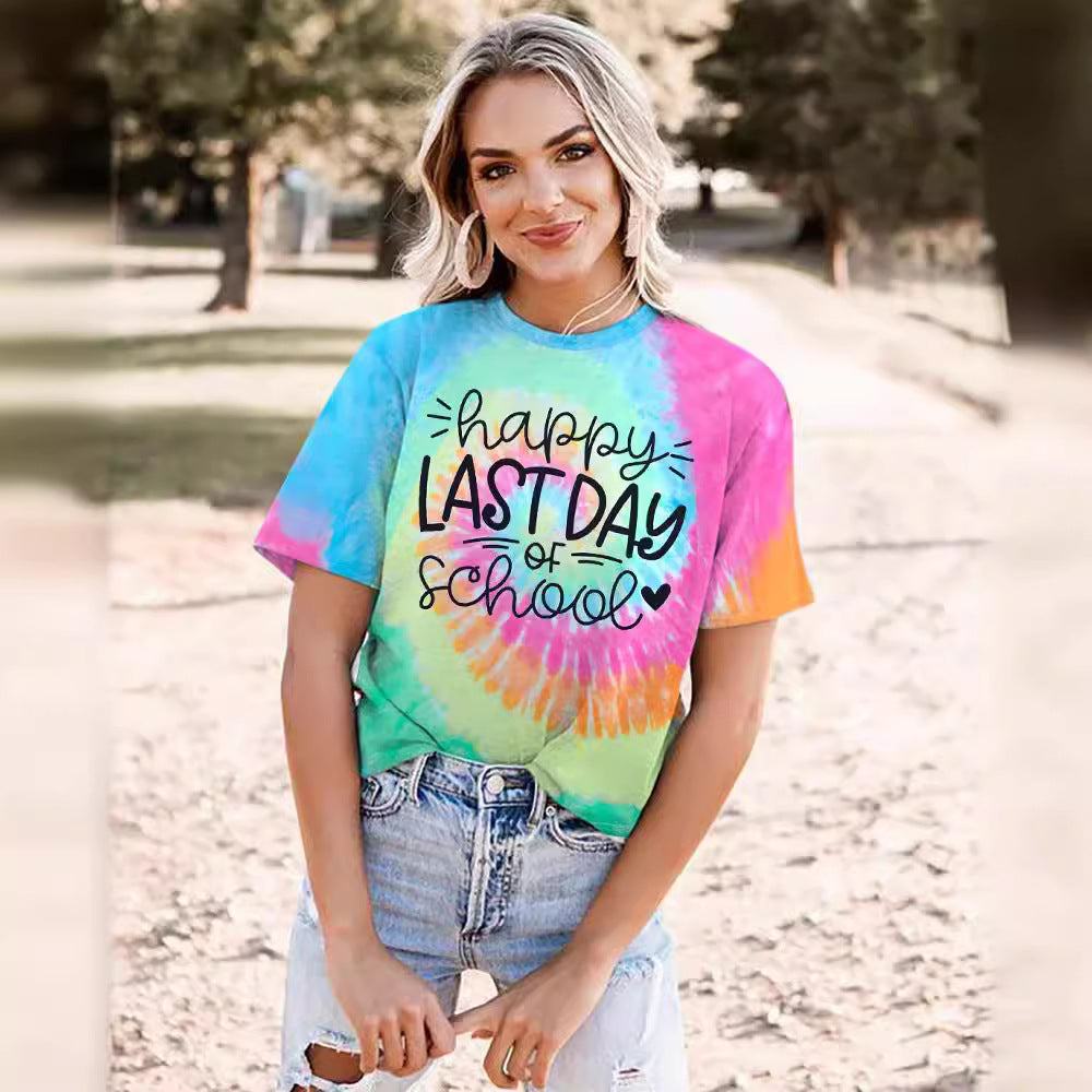 ZllKl Cross-Border Summer European and American Printed Short-Sleeved Casual Loose Temperament T-shirt for Women