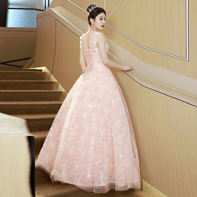 2025 Pink Mori Flower Evening Dress Advanced Sense Engagement Wedding Toast Dress Hosting Performance Graduation Performance Dress Dress