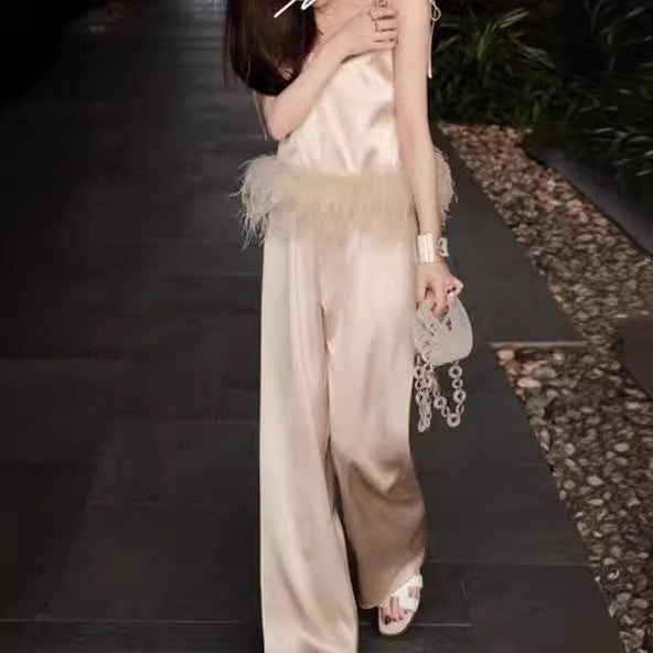2025 Design set popular summer new fashion pure desire suspender top wide leg pants set
