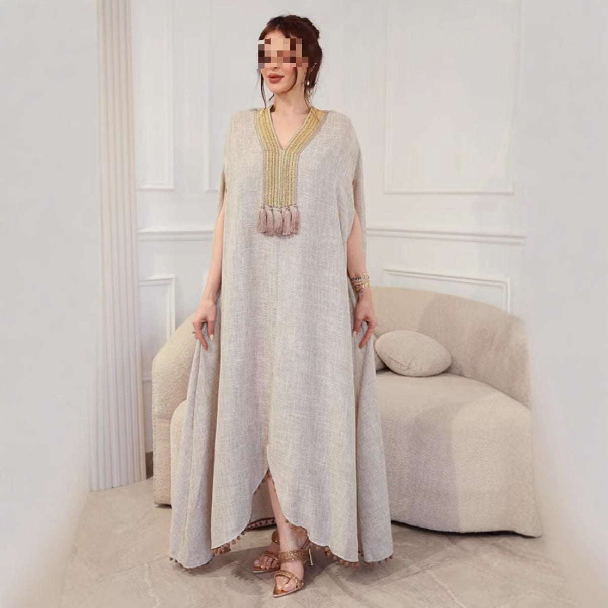 popular autumn and winter New Popular, 2025, Middle East Popular trade women's clothing independent station linen fringed traditional robe
