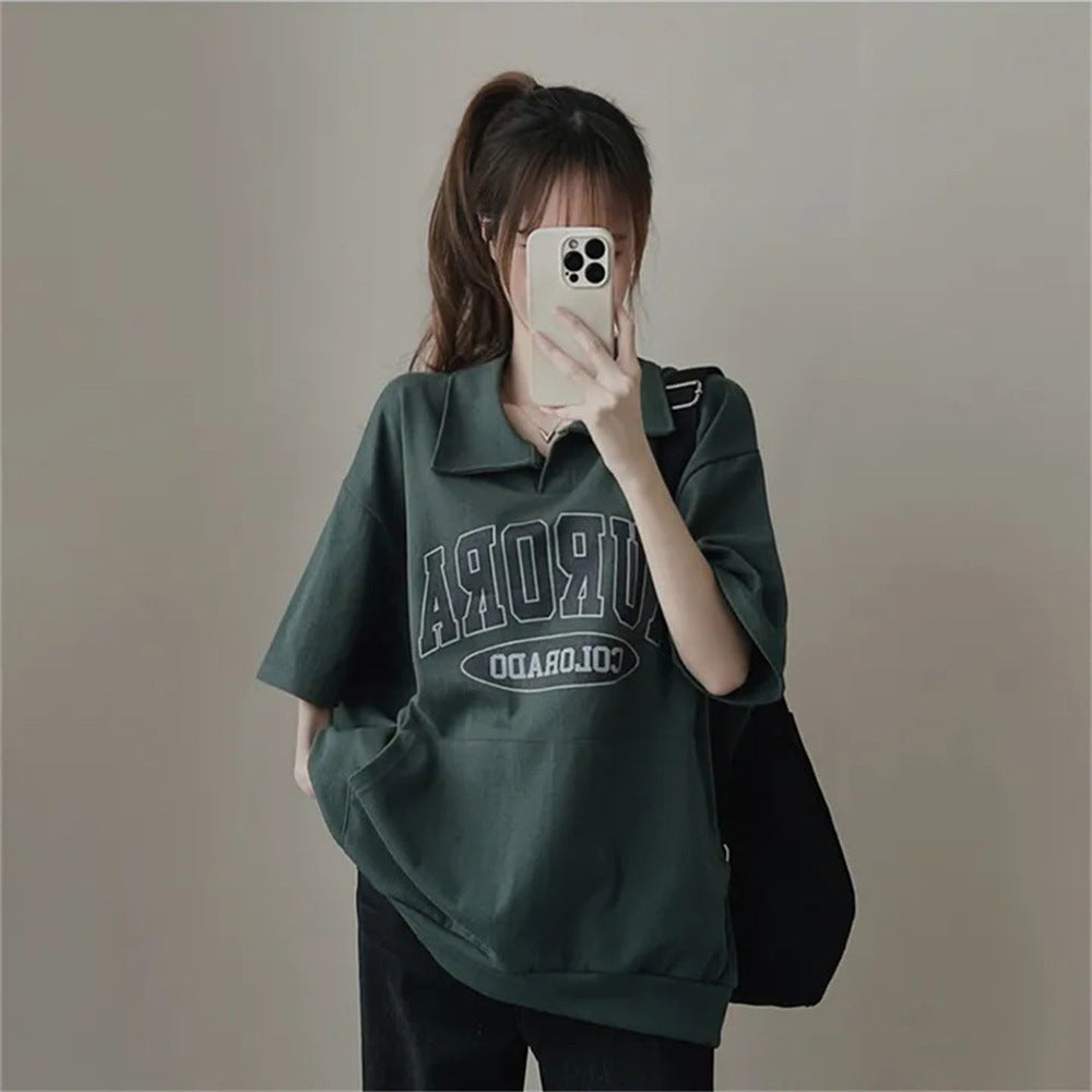 ZllKl Manufacturer 3-color sweater polo cotton casual Internet celebrity Korean T-shirt women's short sleeves summer five-quarter sleeves loose niche over