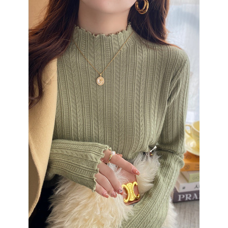 White bottoming shirt women's autumn and winter wear 2025 new semi-turtleneck fungus edge knitted sweater medium neck long-sleeved sweater