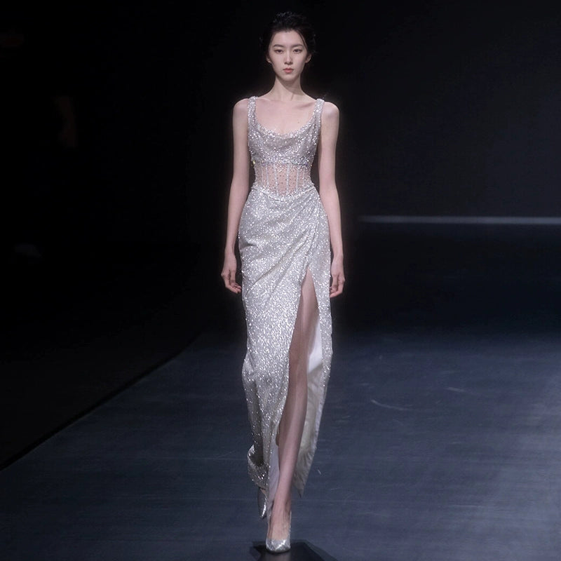 High-end heavy industry evening dress temperament socialite silver light luxury niche suspender sequins sexy engagement fishtail dress