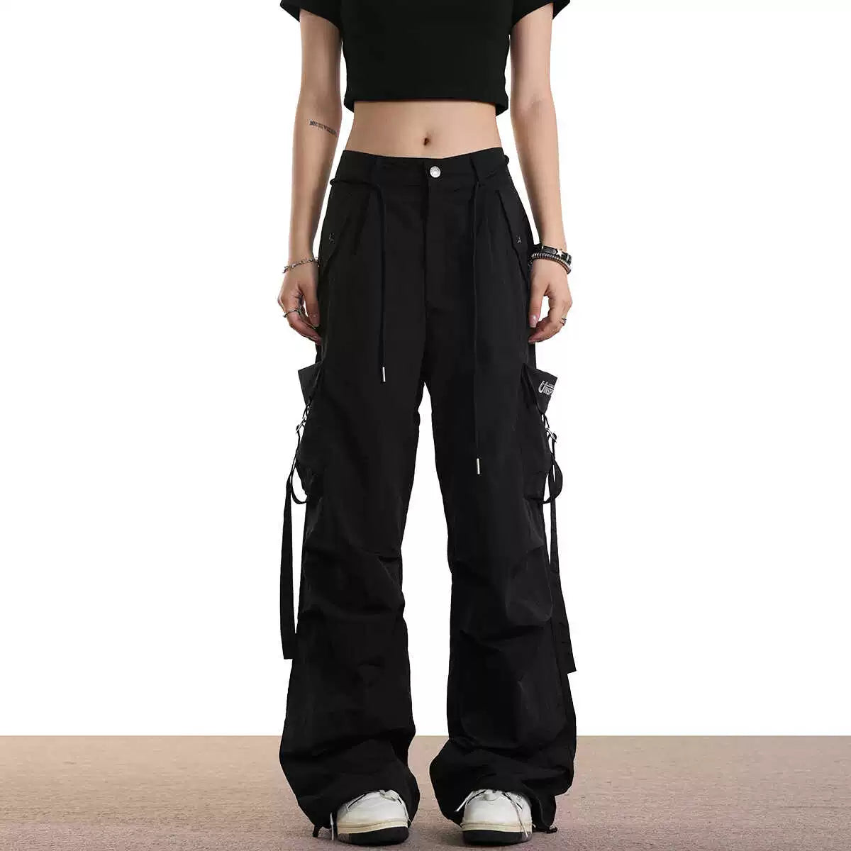 0123Start n high street streamer drawstring wide-leg legged overalls men's and women's summer loose paratrooper pants