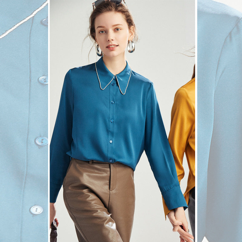 Silk shirt women's mulberry silk shirt summer summer new commuter long-sleeved square collar design niche top