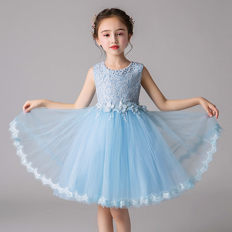 ZllKl Children's Dress Summer Hot Sale Flower Girl Puffy Gauze Princess Dress Girl Baby Host Costume for Piano Performance Skirt
