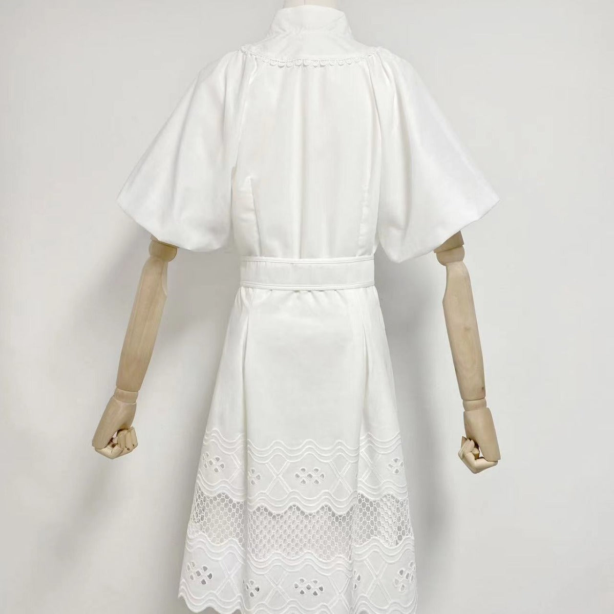 European and American Hot Trade 2023V Collar Puff Sleeve Single-Breasted Belt Waist Trimming Short Dress Women