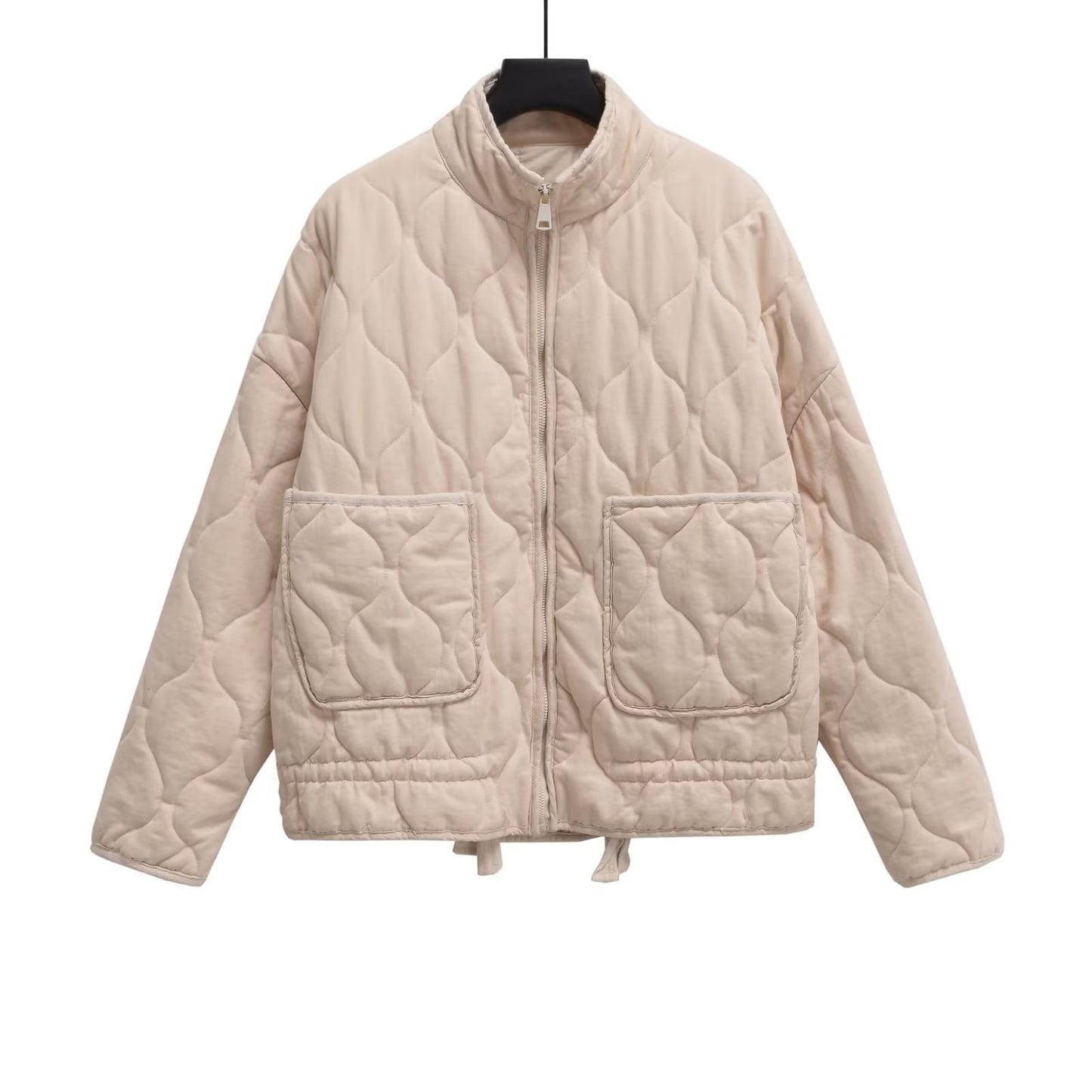 European and American style autumn and winter new women's clothing solid color casual fashion versatile pocket decoration cotton jacket 0002042