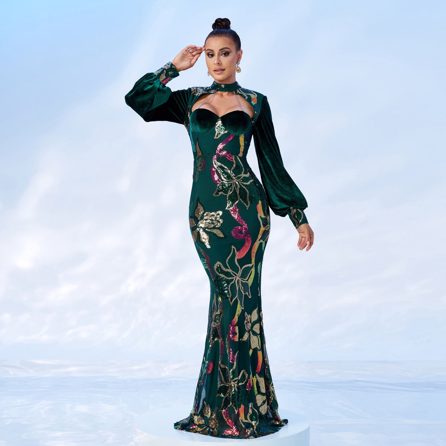 r 2025 long-sleeved temperament round neck sexy hollow long sequined banquet evening dress bridesmaid dress women