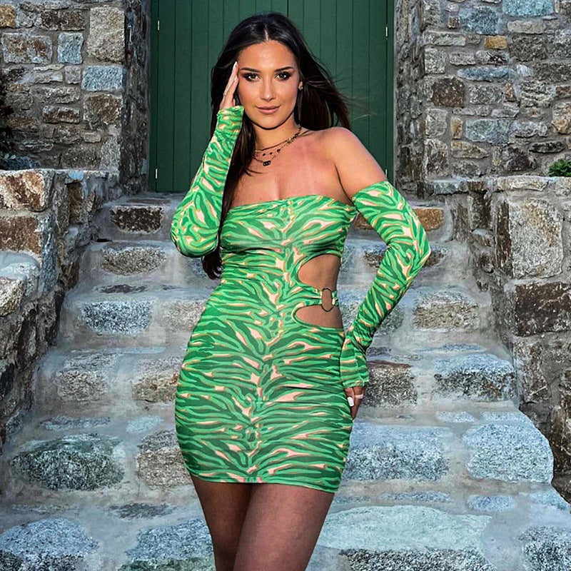 2025 Q23DS749 women's clothing spring New new long-sleeved tube top backless printed pullover hip-wrapped short dress