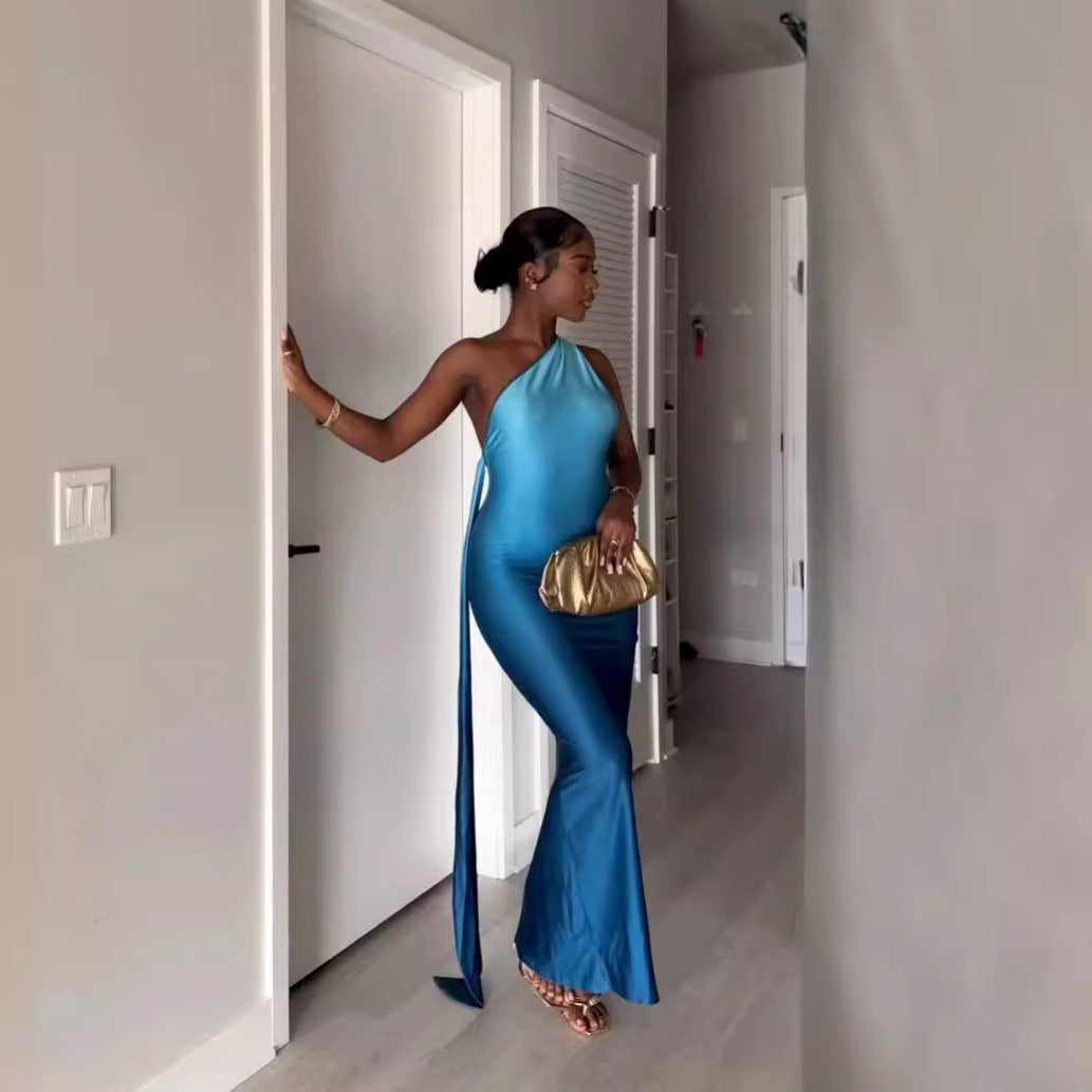 Y6028 European and American Women's Clothing 2025 Hot Summer Sleeveless Oblique Shoulder Gradient Color Sexy Slim Hip Dress Long