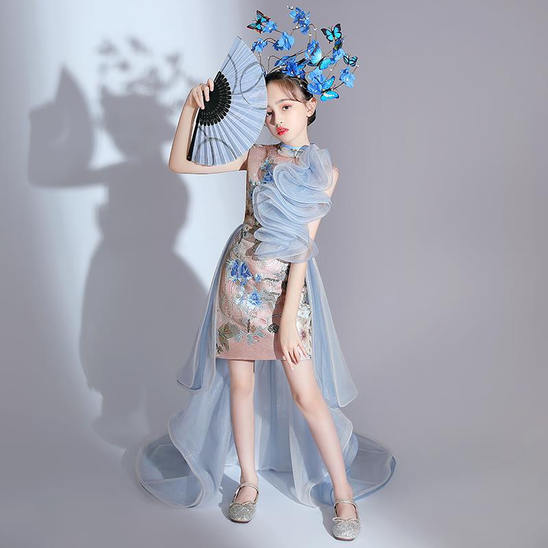 ZllKl National Fashion Girls Catwalk Dress Exaggerated Chinese Style Children's Model T Stage Fashion Costume Domineering Trendy Clothes Trailing