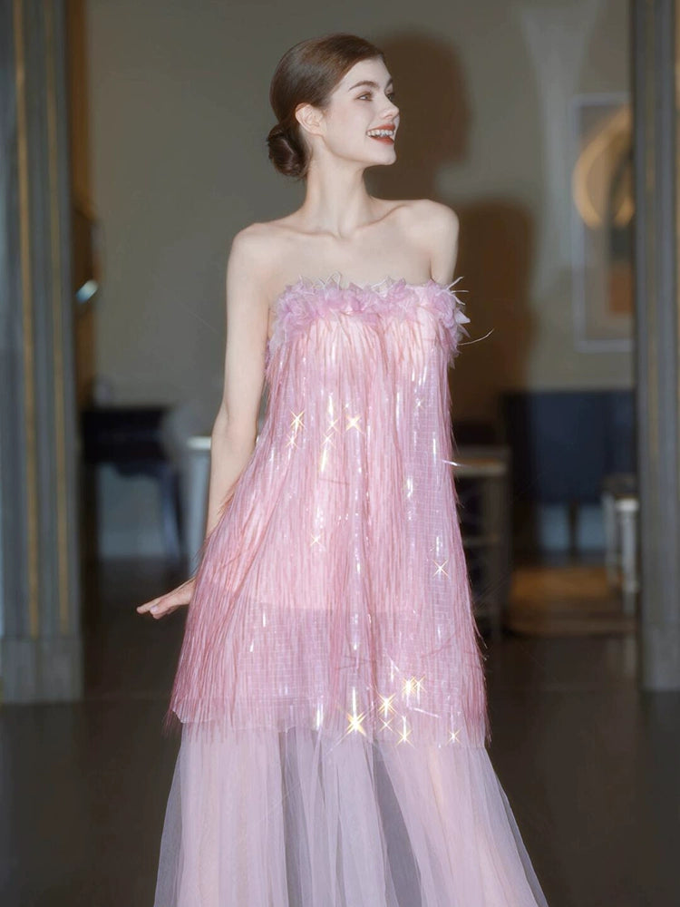 Pink morning robe woman 2025 new temperament light luxury tube top bridal engagement dress banquet birthday super fairy dress