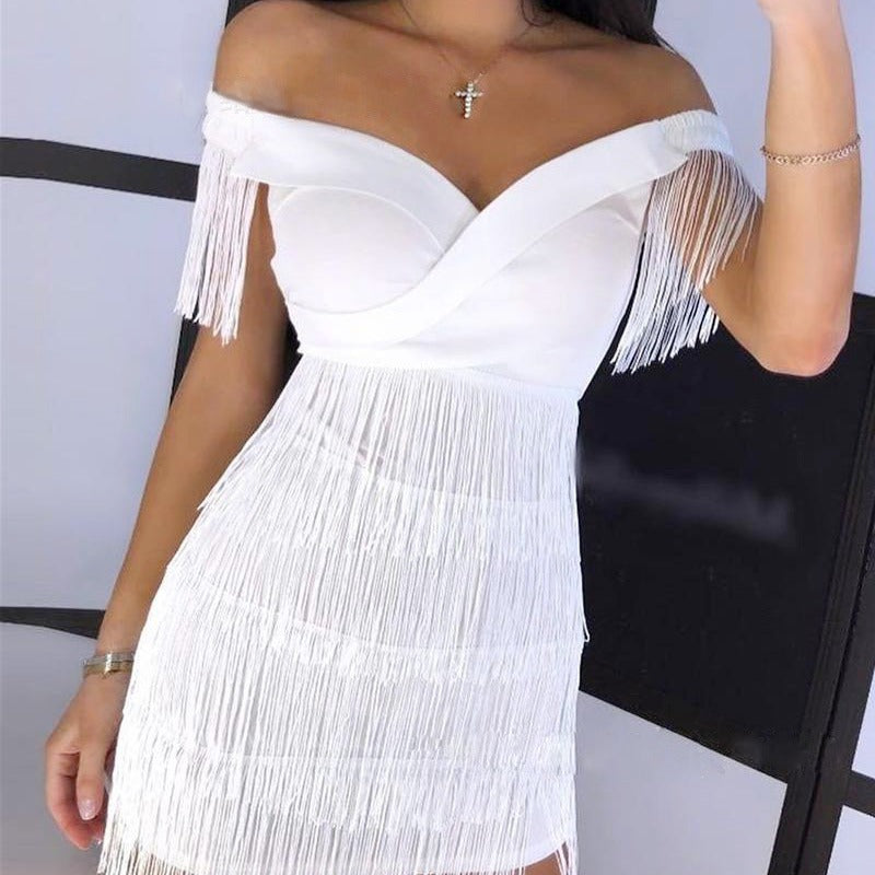Zllk In Stock European and American Foreign Trade Fashion Tight Dress Wish New off-Shoulder Tassel Tight