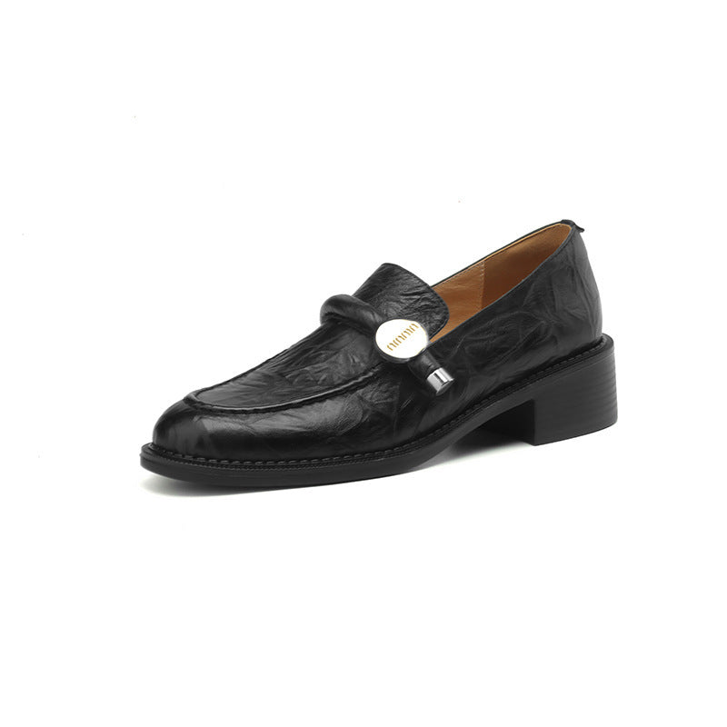 2025 Retro gold buckle thick heel loafer single shoes women's British style small leather shoes