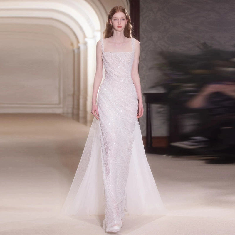 Suspender light wedding dress niche sequins high sense super fairy fishtail skirt temperament thin banquet celebrity style evening dress women
